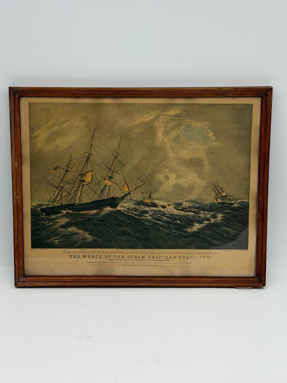Vintage Framed Lithograph "The Wreck of the Steam Ship San Francisco" - 14”x12”